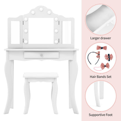 Kids Vanity Table and Stool Set with Real Glass Tri-Folding Mirror and Drawer