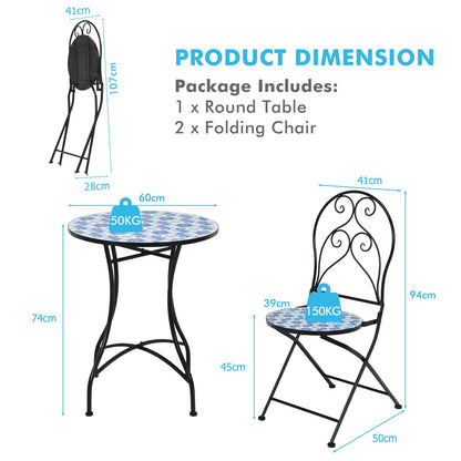 Mosaic Metal Dining Set Garden Table with 2 Folding Chairs
