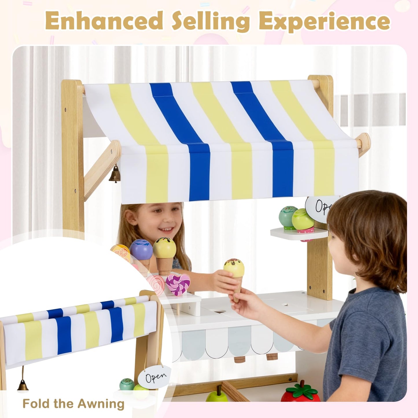 Kids Ice Cream Cart, 2 in 1 Wooden Grocery Store Playset with Display Shelves