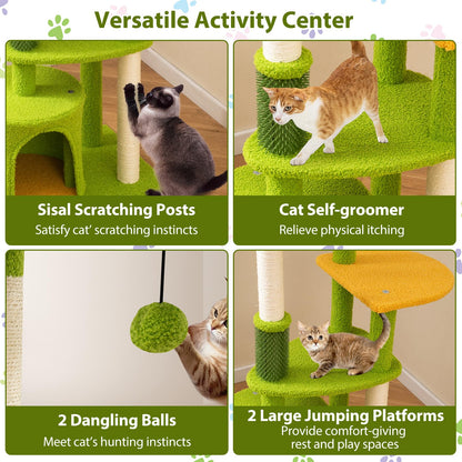 Cute Cat Tree for Adult Cats Multi-level Kitty Tower with Artificial Leaves