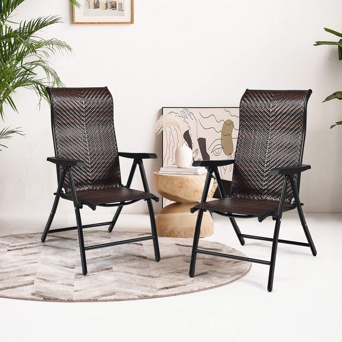 GiantexUK Set of 1/2 Reclining Folding Chairs, Patio PE Wicker Folding Chair with 5-Position Adjustable High Backrest