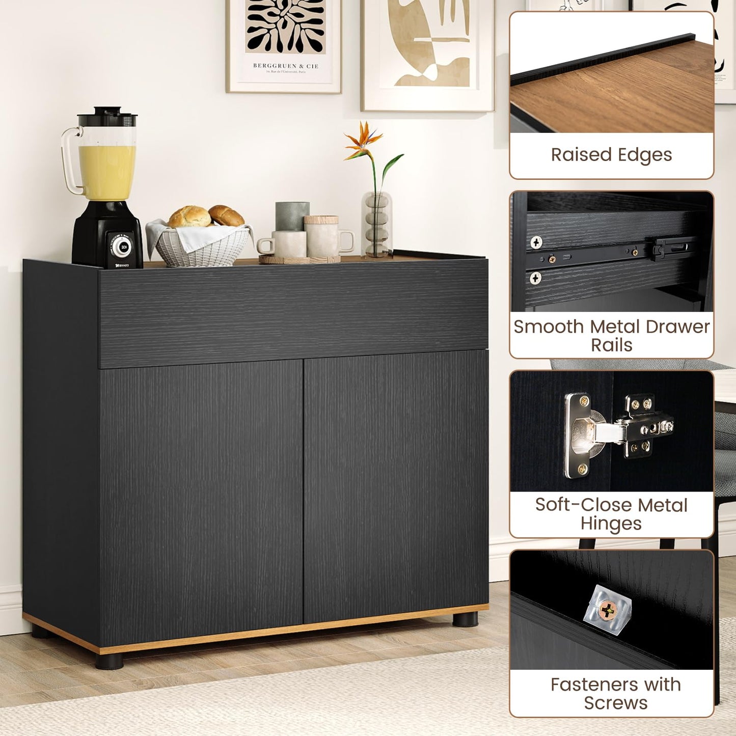 Storage Cabinet, 2 Door Buffet Sideboard with Push-to-Open Design, Drawer & 2 Anti-tipping Devices
