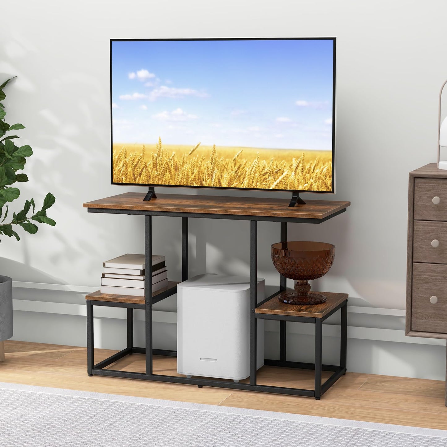 Rustic TV Console Table Industrial Sofa Table with Open Storage Shelves