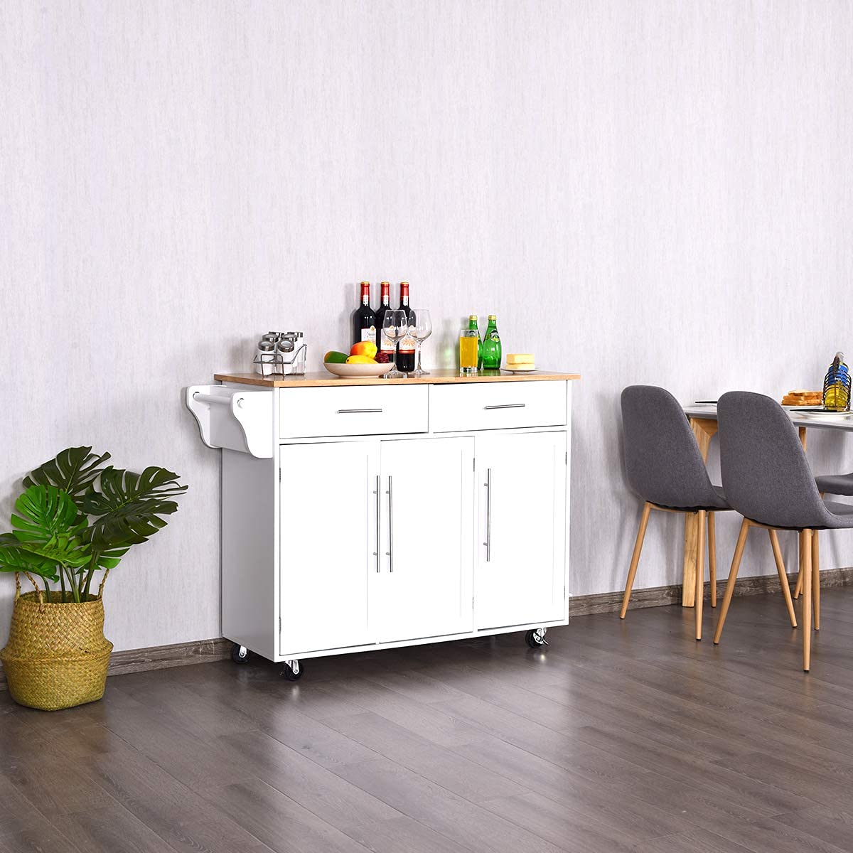 Kitchen Island Trolley Wood Top Rolling Cart with Knife Block