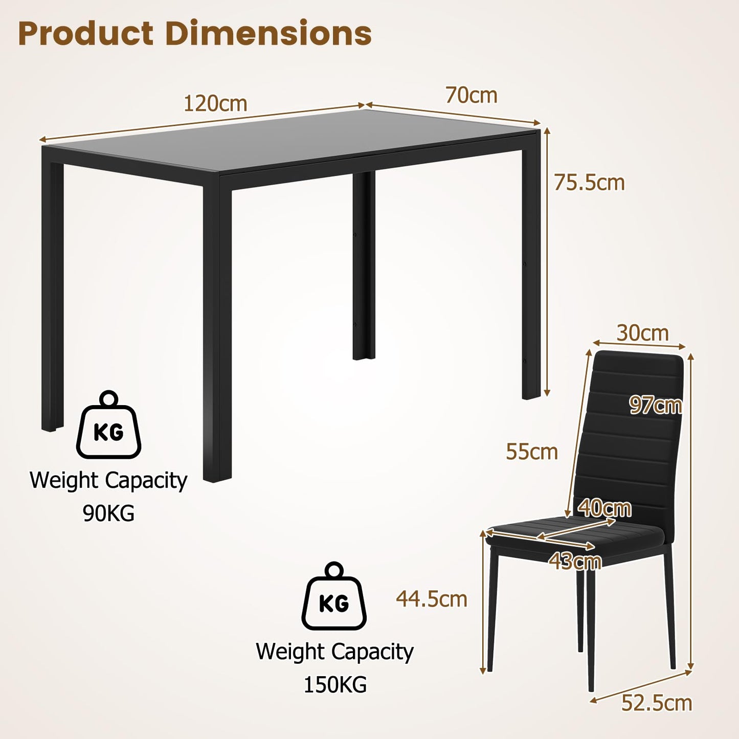 5 Pieces Kitchen Table and 4 Upholstered Chairs with High Backrest & Glass Tabletop