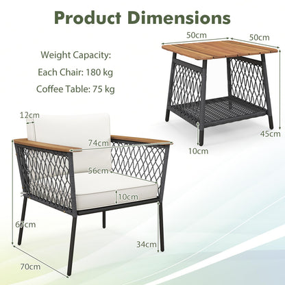 3 Piece Patio Furniture Set with Acacia Wood Armrests and Tabletop