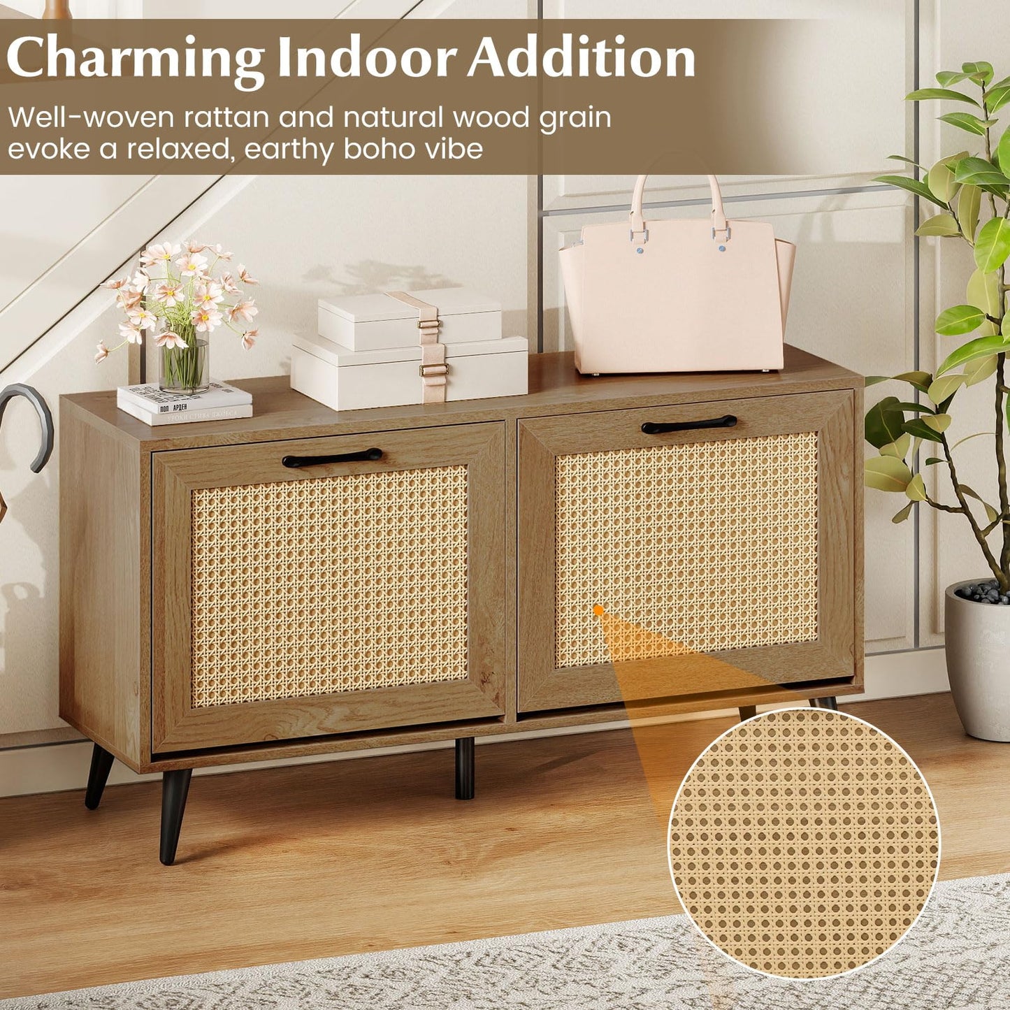Rattan Shoe Storage Bench with Flip Drawers, Adjustable Shelves