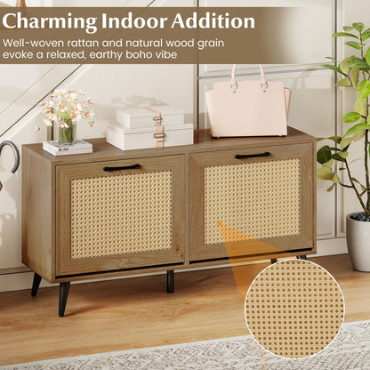 Rattan Shoe Storage Bench with Flip Drawers, Adjustable Shelves