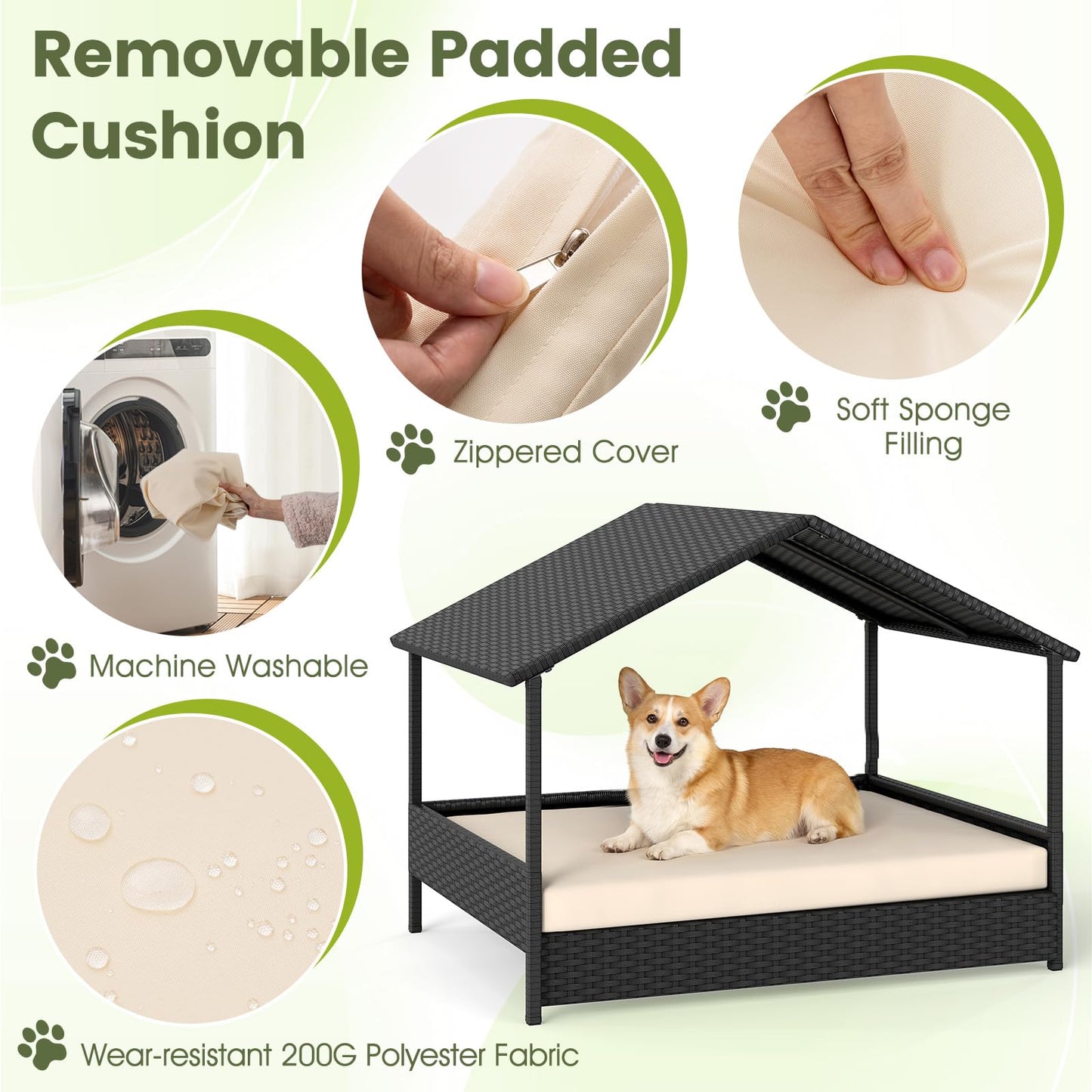 Wicker Dog Bed, Raised Rattan Dogs House with Canopy, Removable Cushion