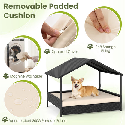 Wicker Dog Bed, Raised Rattan Dogs House with Canopy, Removable Cushion
