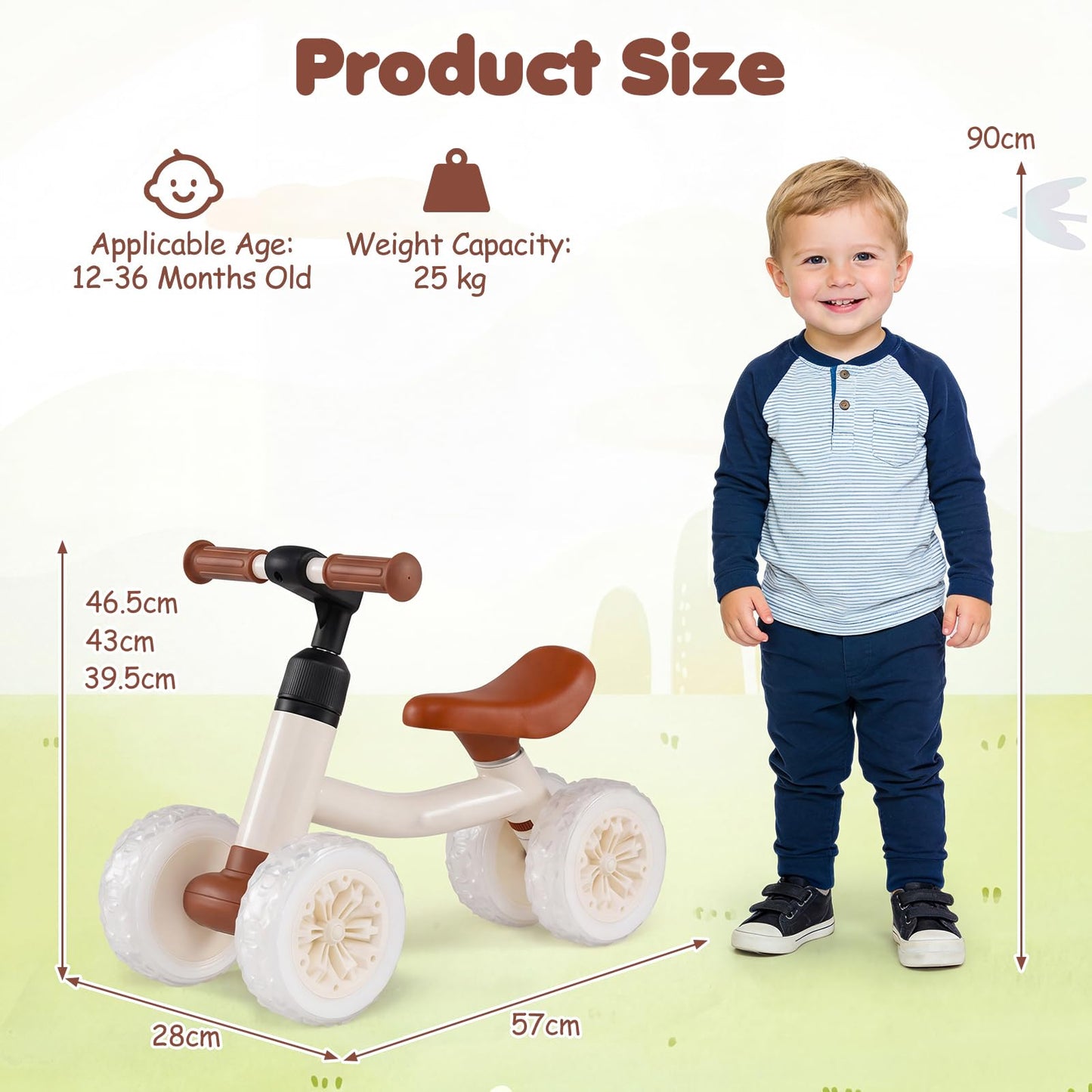 Baby Balance Bike, 4 Colorful Lighting Wheels Toddler Bikes with Adjustable Handlebar & Seat