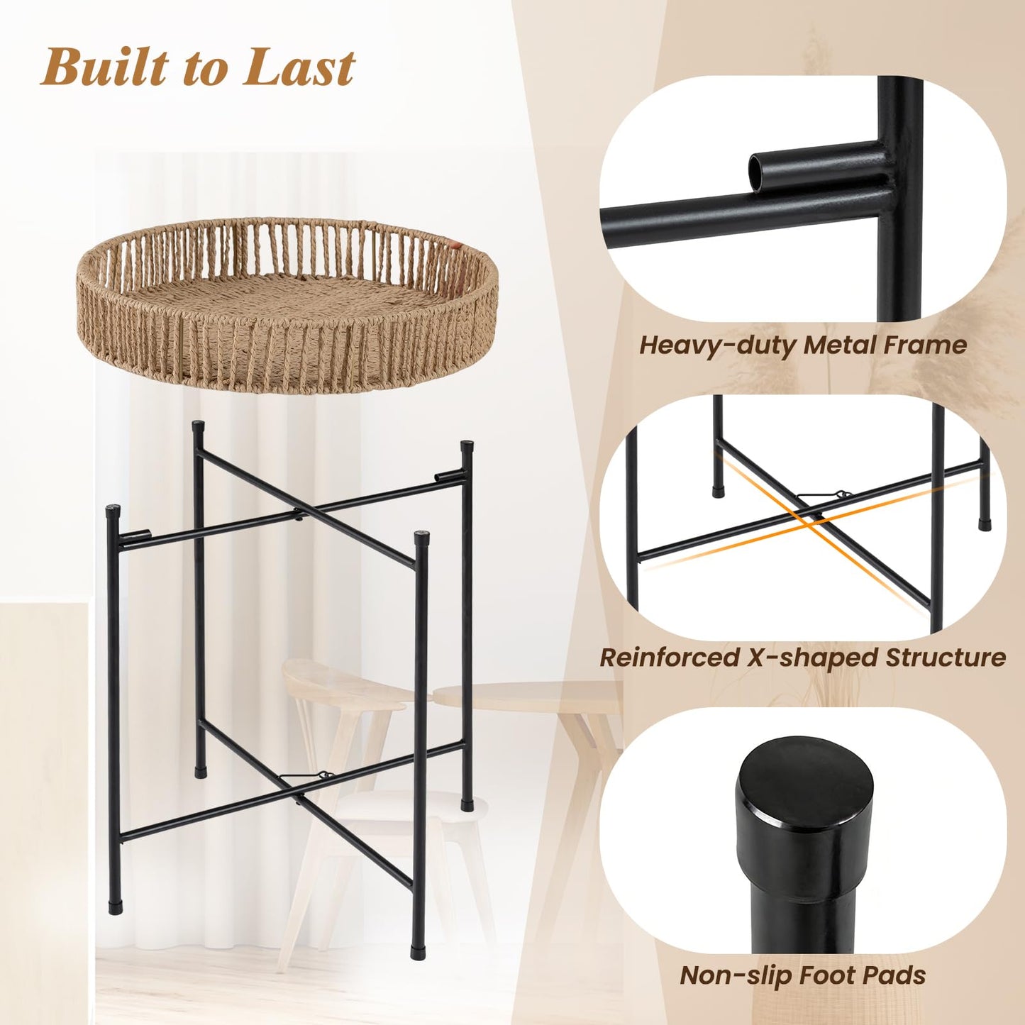 Set of 3 Round Nesting Side Tables Weaving End Tables with Metal Legs