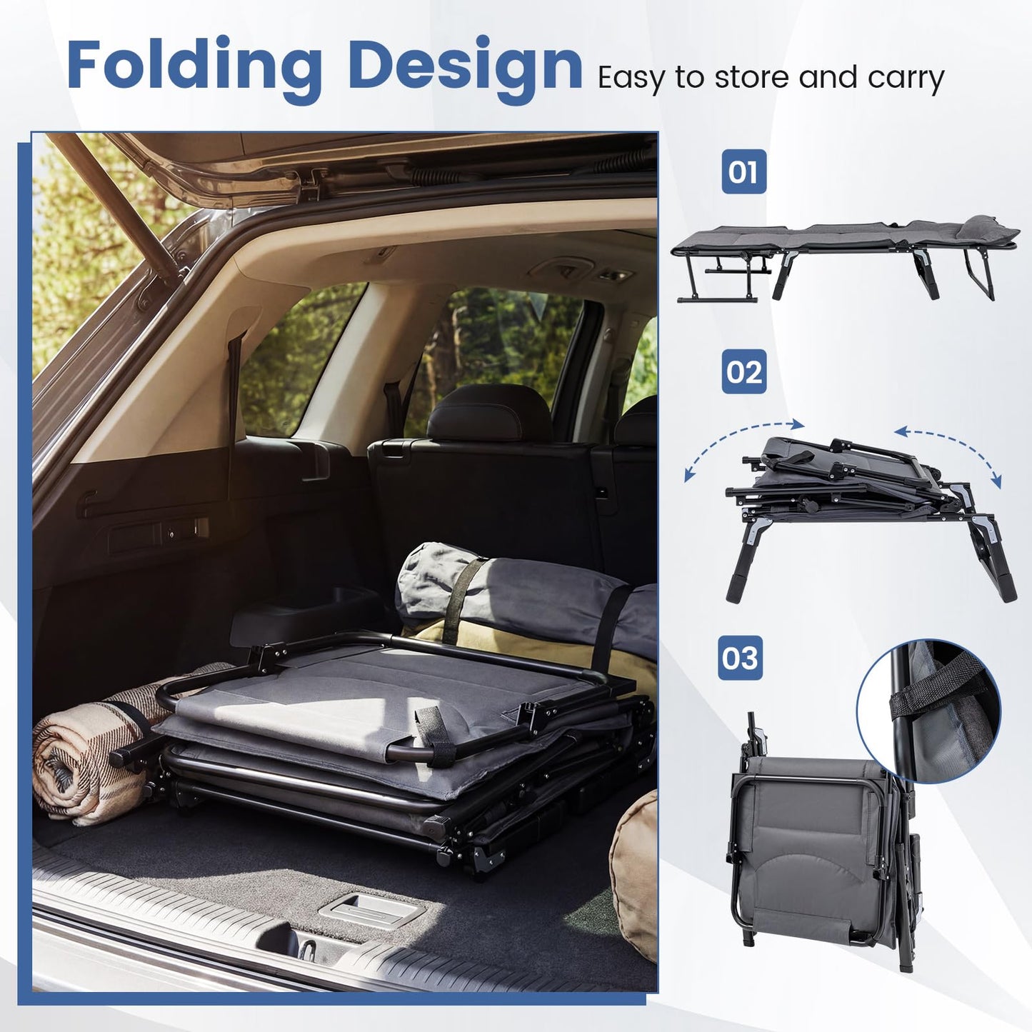 3-in-1 Folding Camping Cot Convertible Heavy Duty Metal with Adjustable Backrest