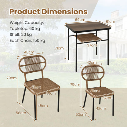 Outdoor Dining Table with 2 Varied-Size Stackable Rattan Chairs & Shelf