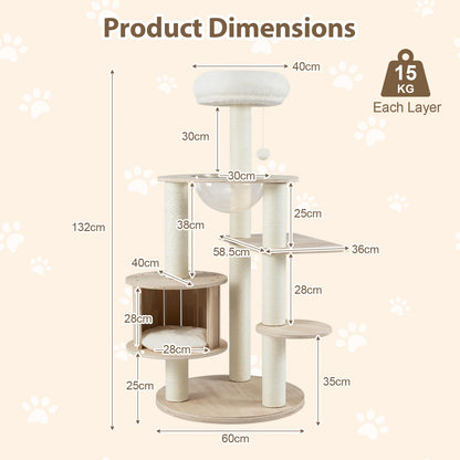 132cm Tall Wooden Cat Tree Solid Plywood Kitten Tower with Space Capsule