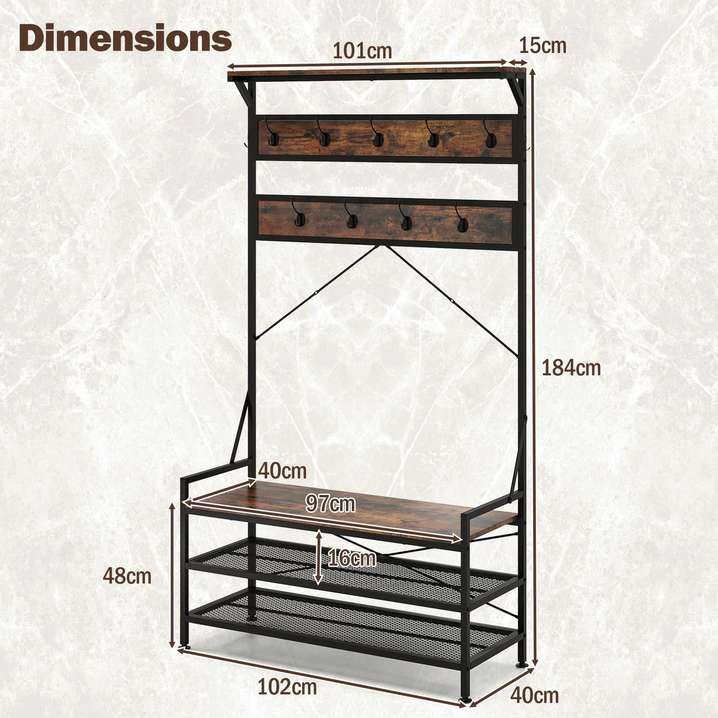 4 In 1 Coat Rack with 11 Hanging Hooks and Shoe Bench for Mudroom