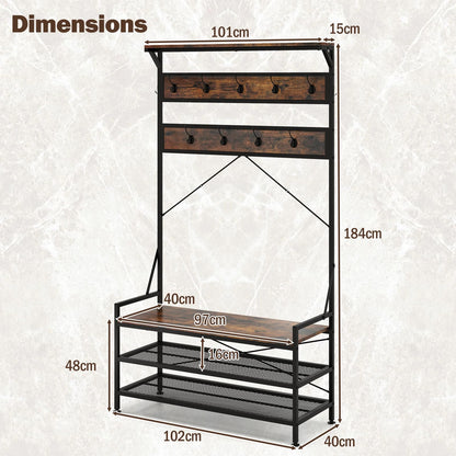 4 In 1 Coat Rack with 11 Hanging Hooks and Shoe Bench for Mudroom