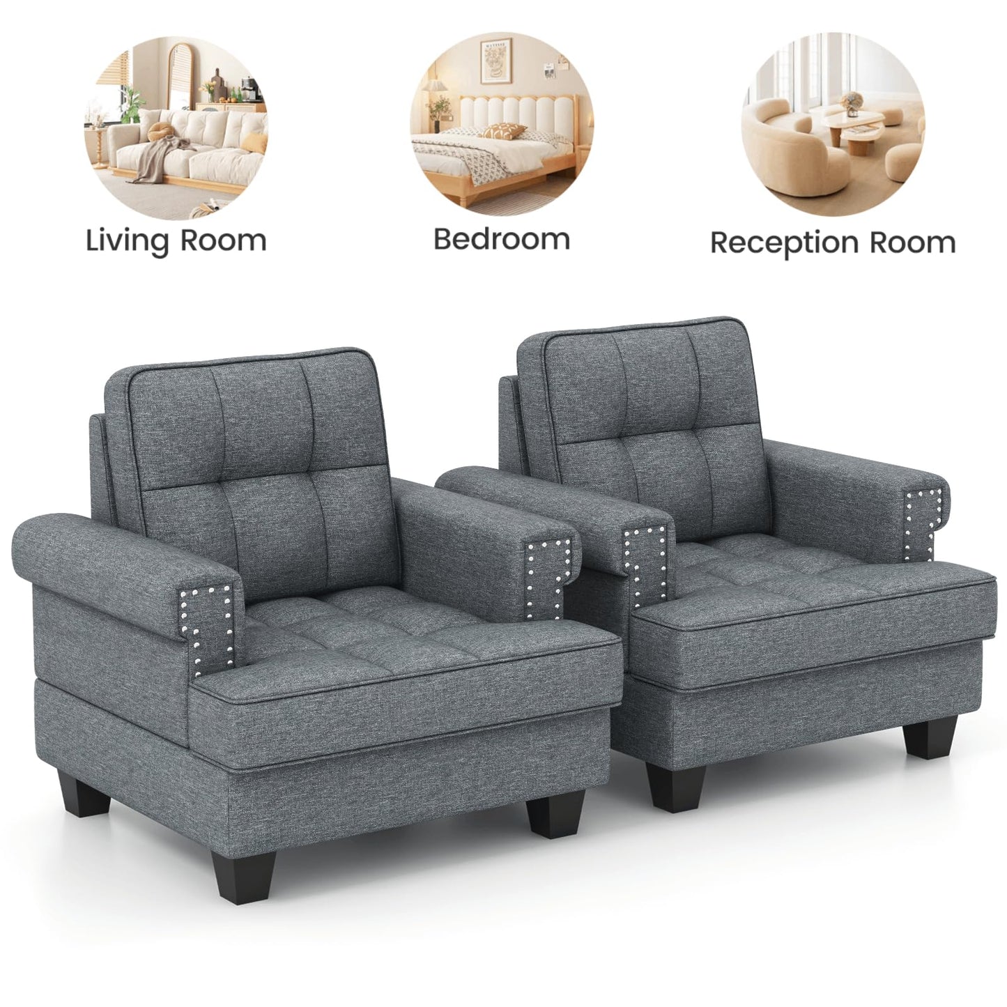 Mid-century Modern Accent Armchair Tufted Linen Club Chair with Extra Pillow