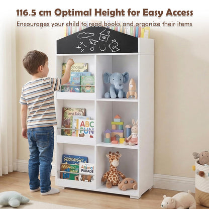 Kids Dollhouse Bookshelf with Chalkboard for Kids Room, Nursery, Playroom