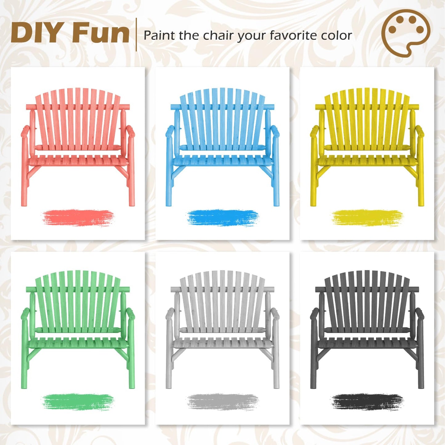 2-PersonLog Wood Patio Bench with Slatted Backrest Built-in Armrest and Curved Seat