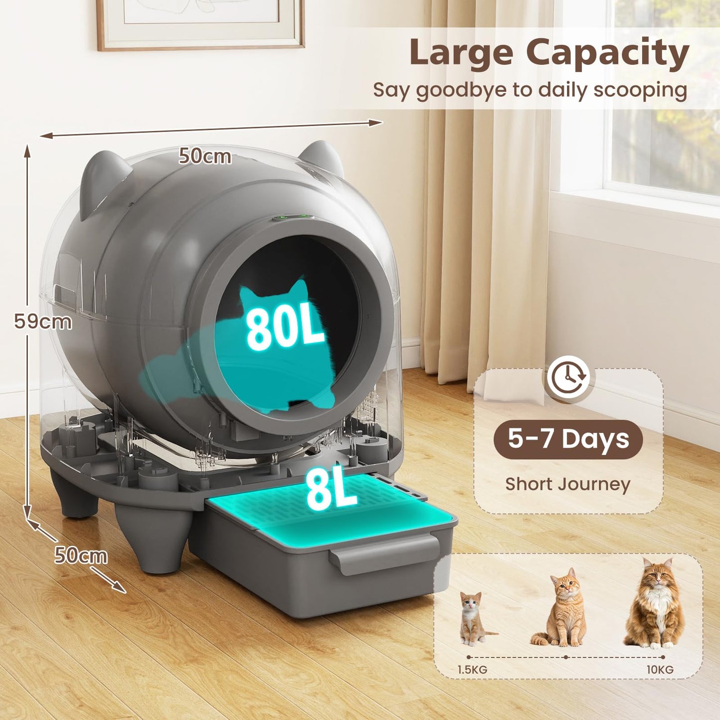 Self-Cleaning Cat Litter Box, 80L Large Capacity Electric Automatic Cat Toilet