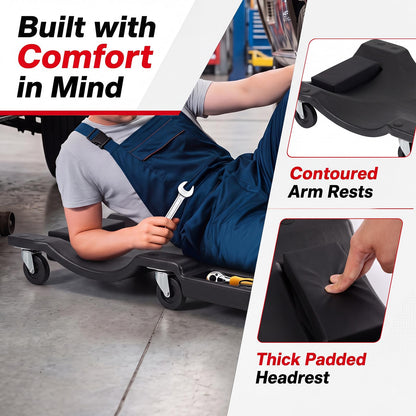 36/40 Inch Mechanic Creeper with Padded Headrest & 2 Tool Trays
