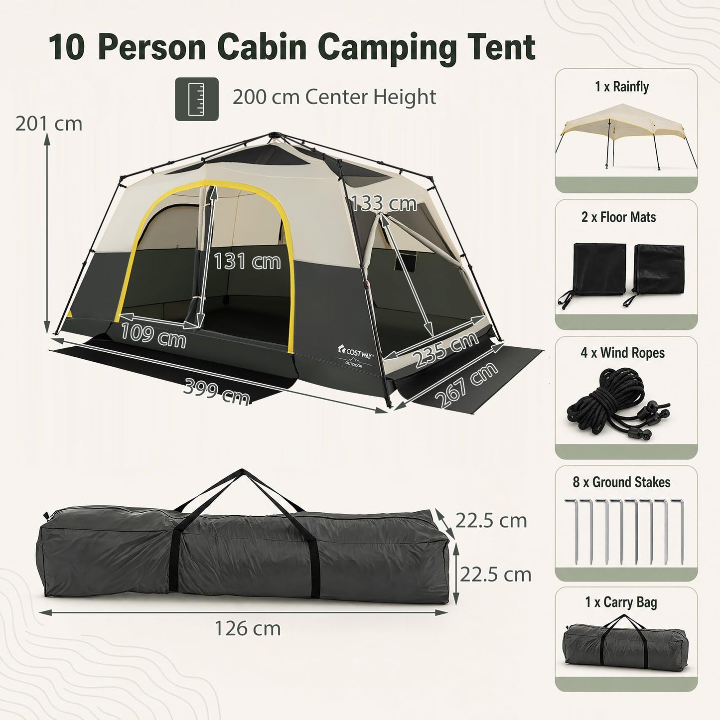 399 x 267 cm 10 Person Instant Cabin Camping Tent with Rainfly