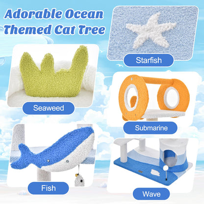 Ocean-themed Cat Tree Tower with Sisal Covered Scratching Posts