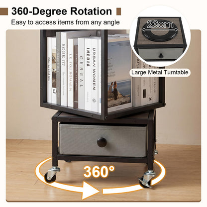 4-Tier Rotating Bookshelf, 360° Spinning Bookcase Tower with Wheels and Removable Fabric Storage Drawer