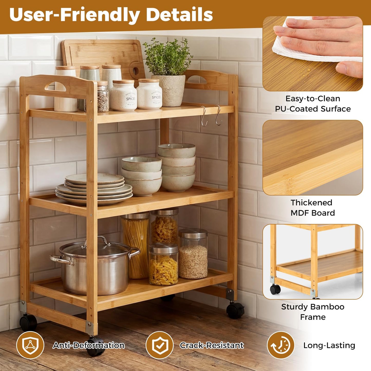 3-Tier Bamboo Rolling Cart with 2 Lockable Wheels and 3 Hooks for Kitchen