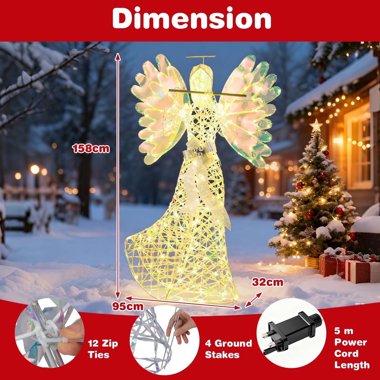 Lighted Angel Christmas Decoration with Flute and 250 LED Lights