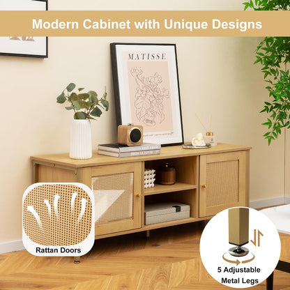 Boho TV Stand Media Console Table with 2 Cabinets and Open Shelf