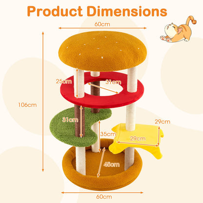 Cat Tree, 106cm Tall Hamburger-Theme Cats Tower | Indoor Multi-Level Kitten Climbing Stand Activity Center