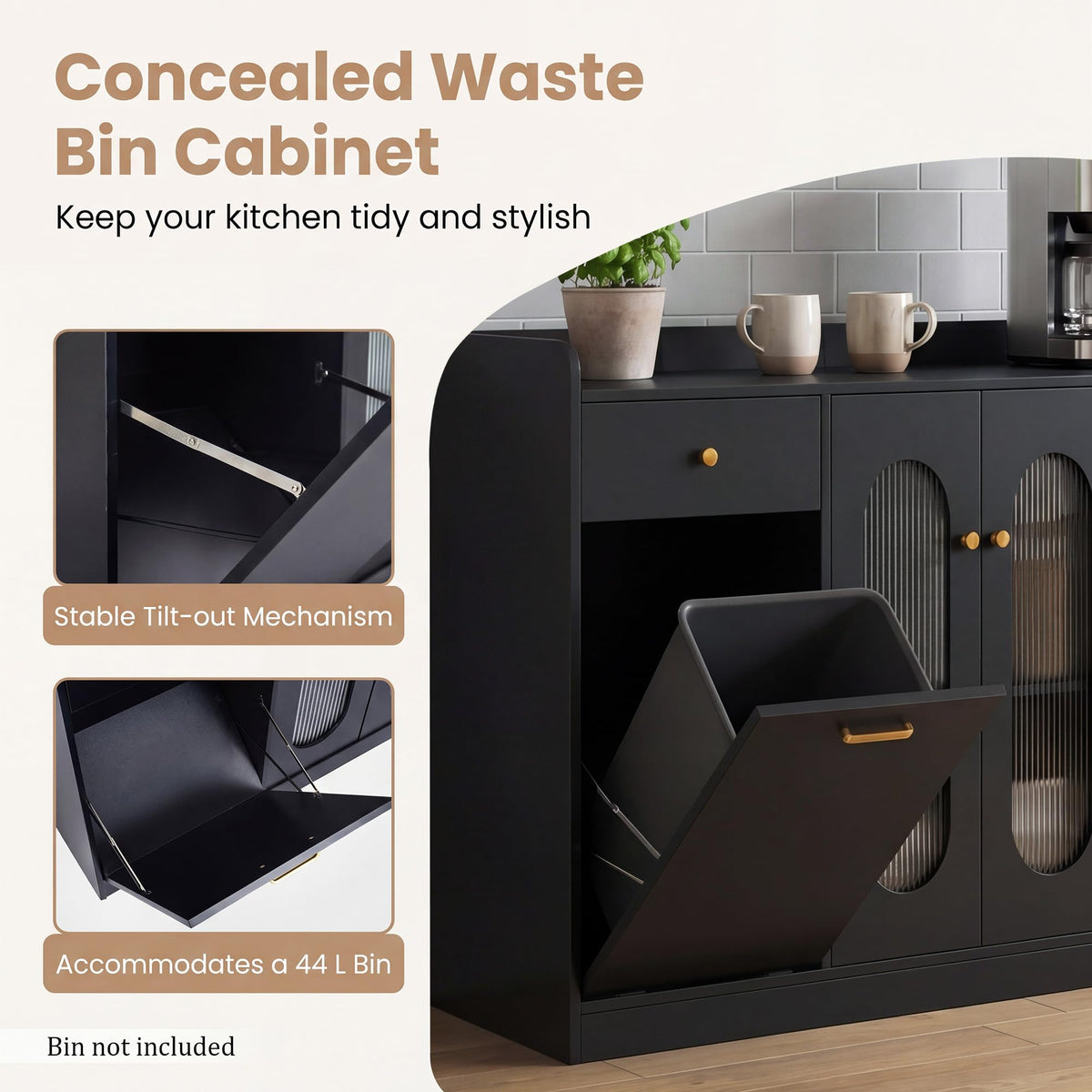 140cm Buffet Sideboard, Tilt Out Trash Can Cabinet with Glass Doors