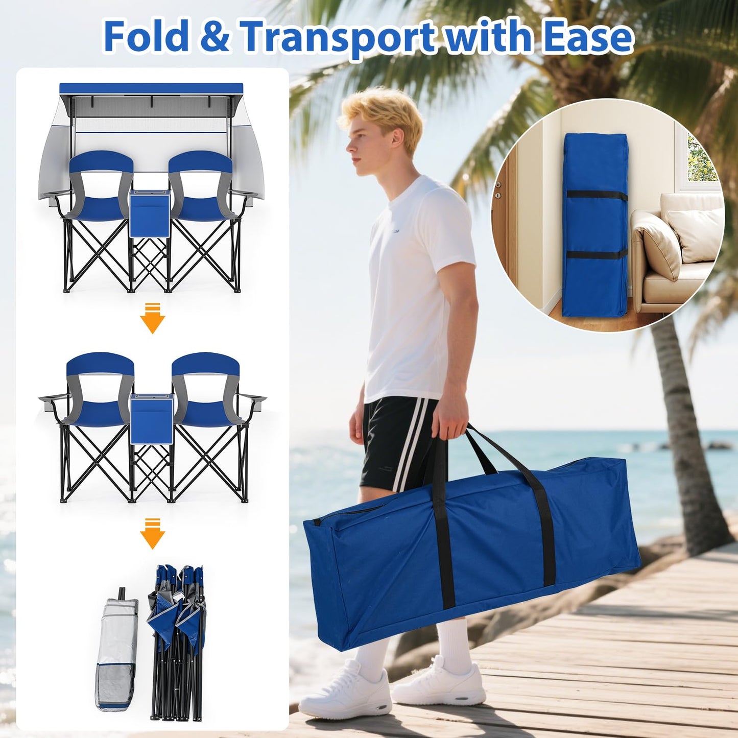 Outdoor Portable Double Folding Camping Chair with Roll-up Shade