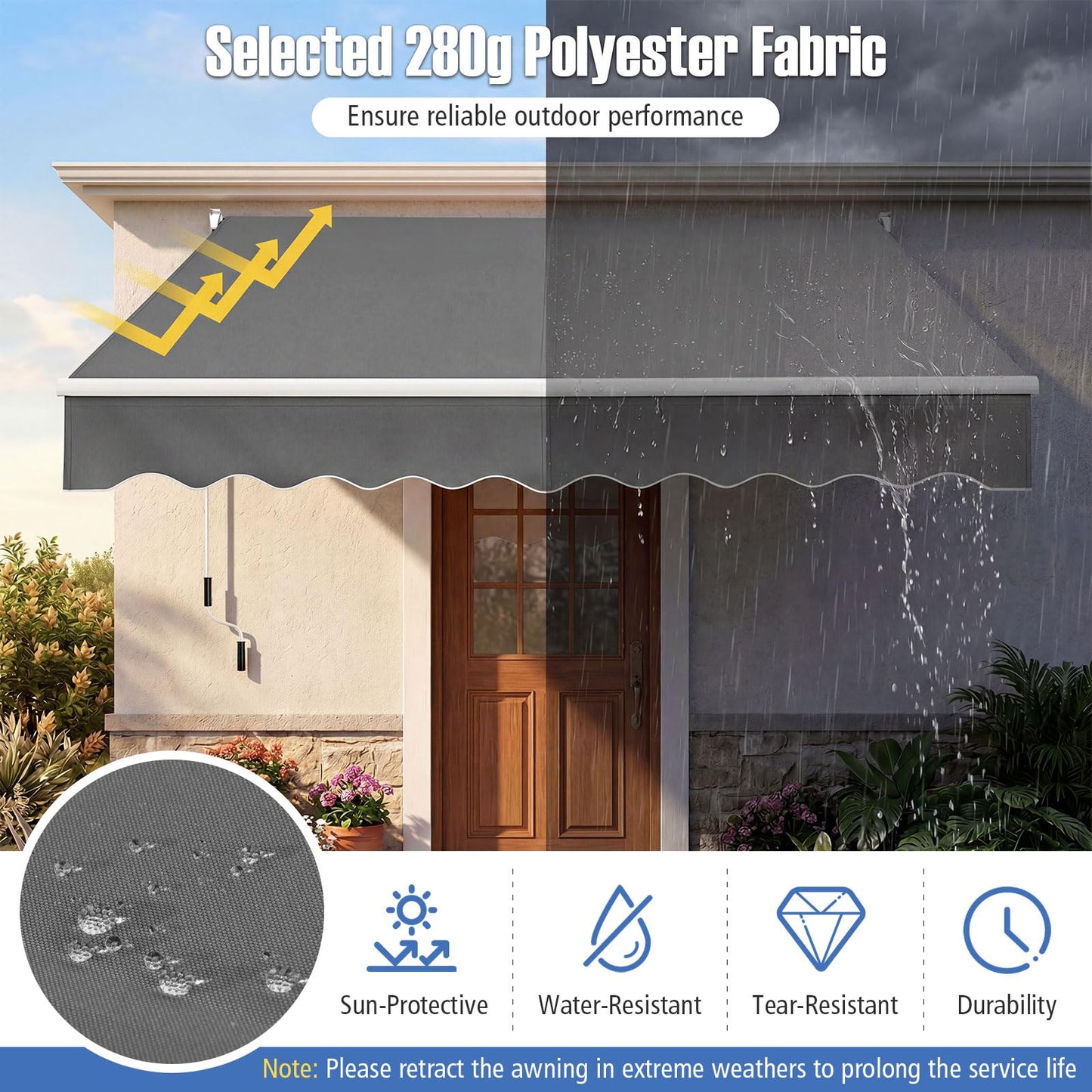 Retractable Manual Awning, Anti-UV and Waterproof Garden Patio Canopy with Fittings