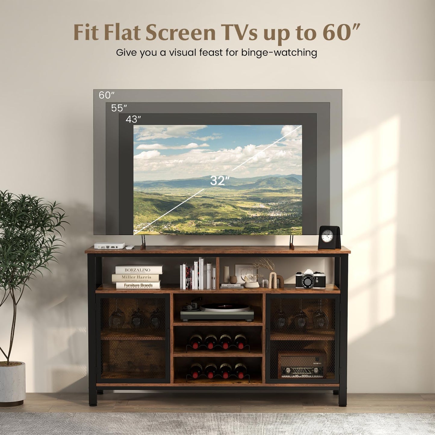 GiantexUK Kitchen Storage Cabinet, Wooden Buffet Sideboard with Wine Racks, Glass Holders, Metal Mesh Doors & Shelves