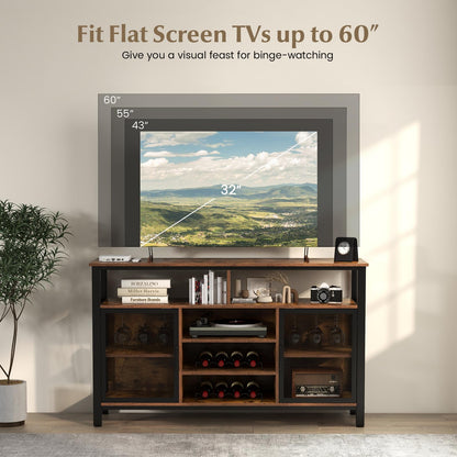 GiantexUK Kitchen Storage Cabinet, Wooden Buffet Sideboard with Wine Racks, Glass Holders, Metal Mesh Doors & Shelves