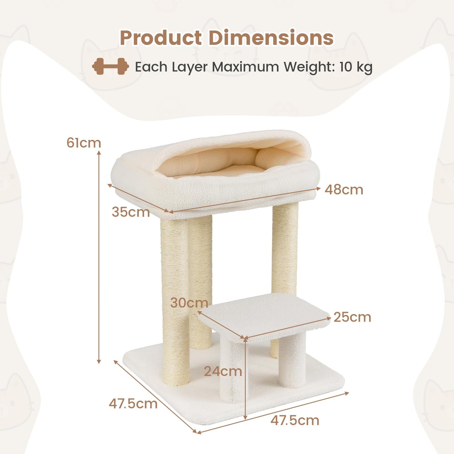 Cat Tree, 61cm Comfy Plush Top Perch Bed, Sisal Scratching Posts