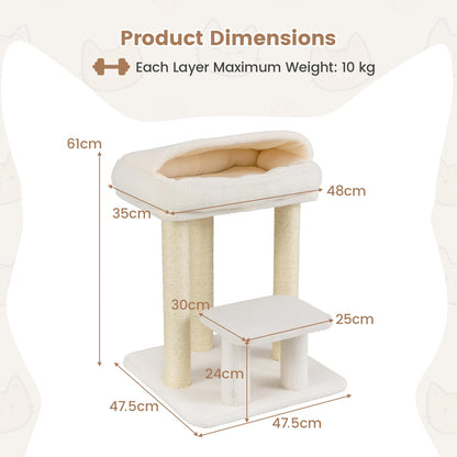 Cat Tree, 61cm Comfy Plush Top Perch Bed, Sisal Scratching Posts