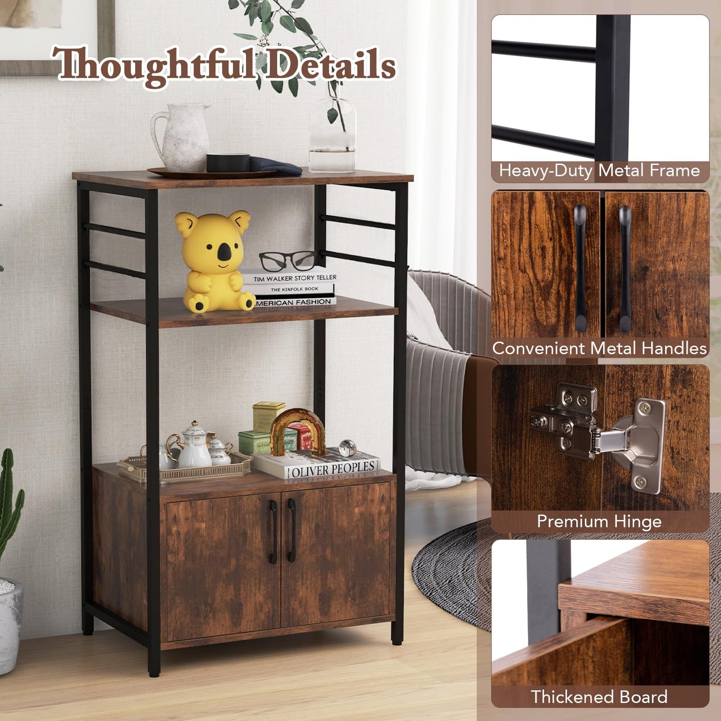 3-Tier Kitchen Bakers Rack with Cabinet Open Shelves and 10 Removable S-Shaped Hooks