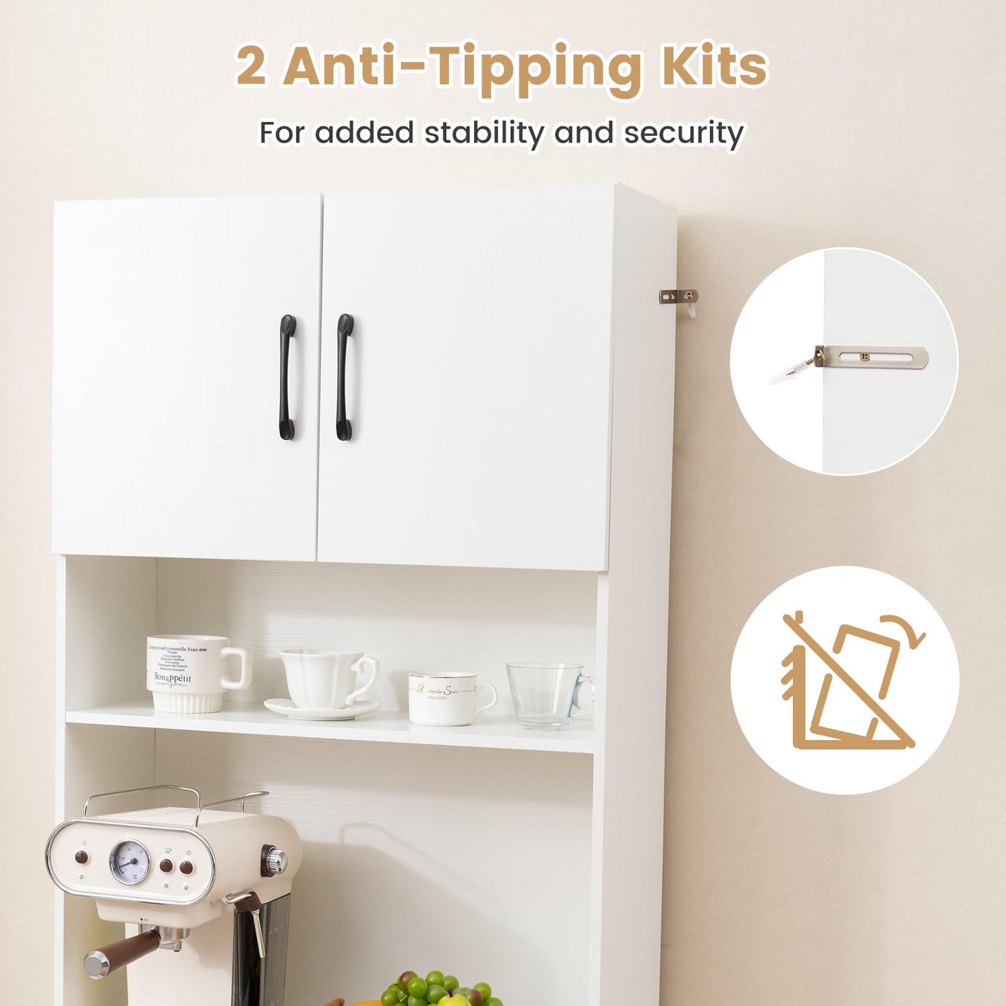 Pantry Cabinet with Power Outlets Freestanding Narrow Kitchen Hutch with 4 Doors