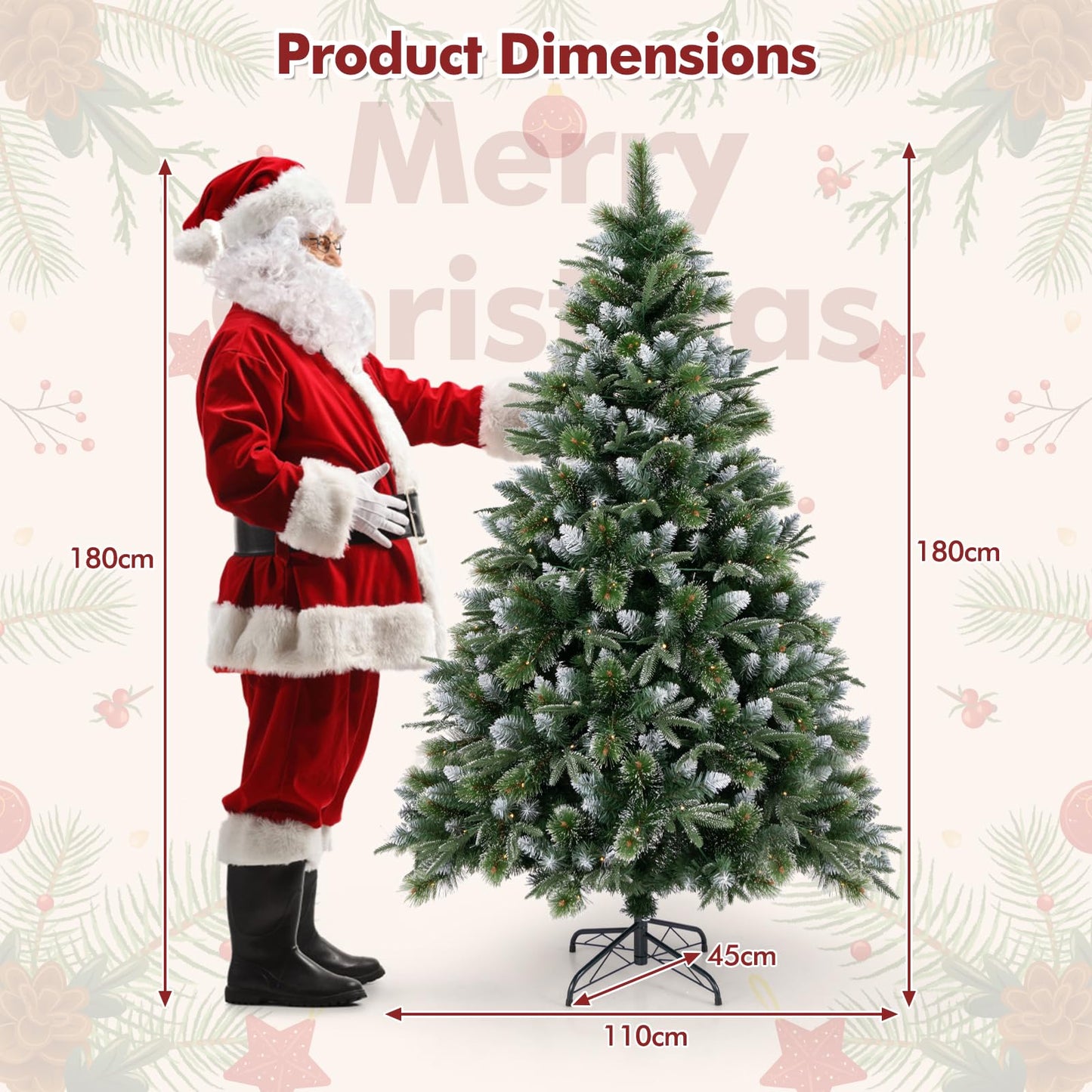 180/150 CM Pre-Lit Artificial Christmas Tree with 856/476 Pine Needles/Flocked PVC/PE Tips
