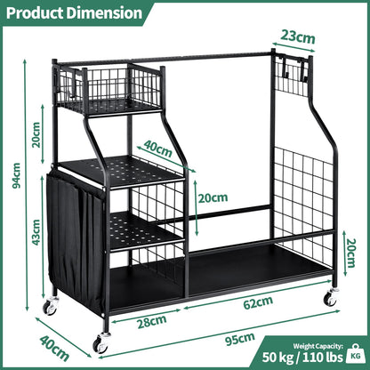 Double Golf Bag Storage Rack for Garage with Lockable Universal Wheels