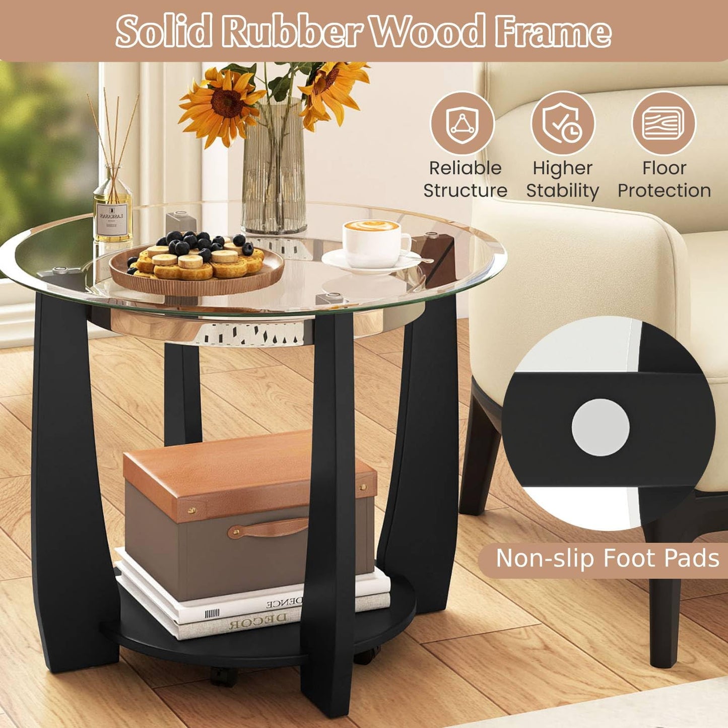 Tempered Glass Coffee Table, 2-Tier Round Cocktail Center Snack Tea Table