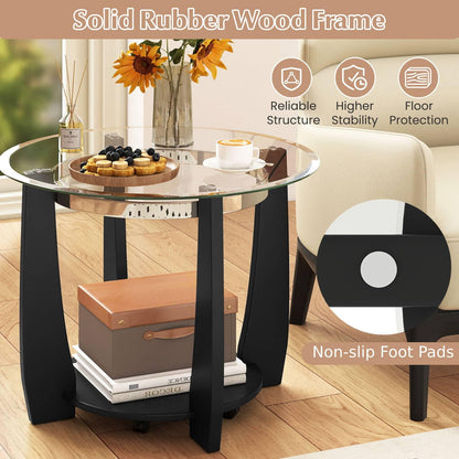 Tempered Glass Coffee Table, 2-Tier Round Cocktail Center Snack Tea Table
