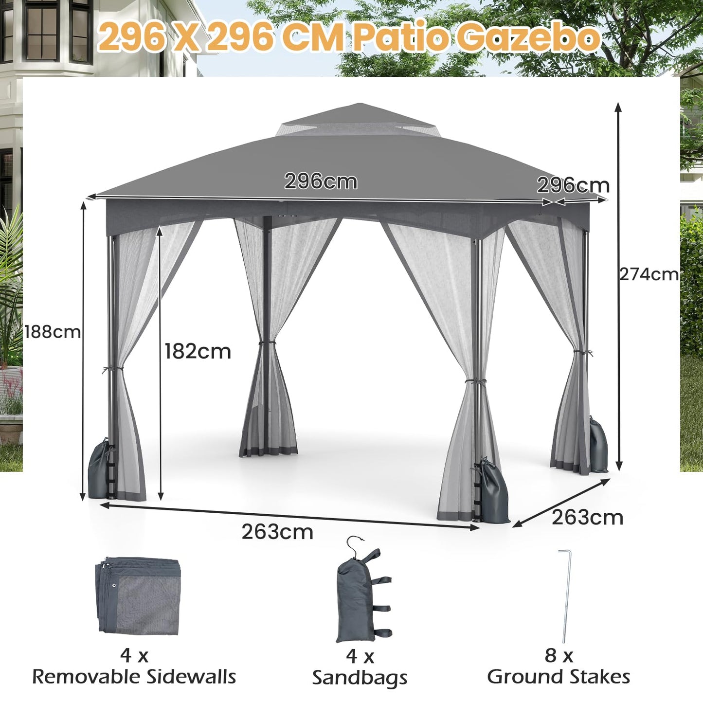 Garden Gazebo with Netting Sidewalls and 4 Sandbags