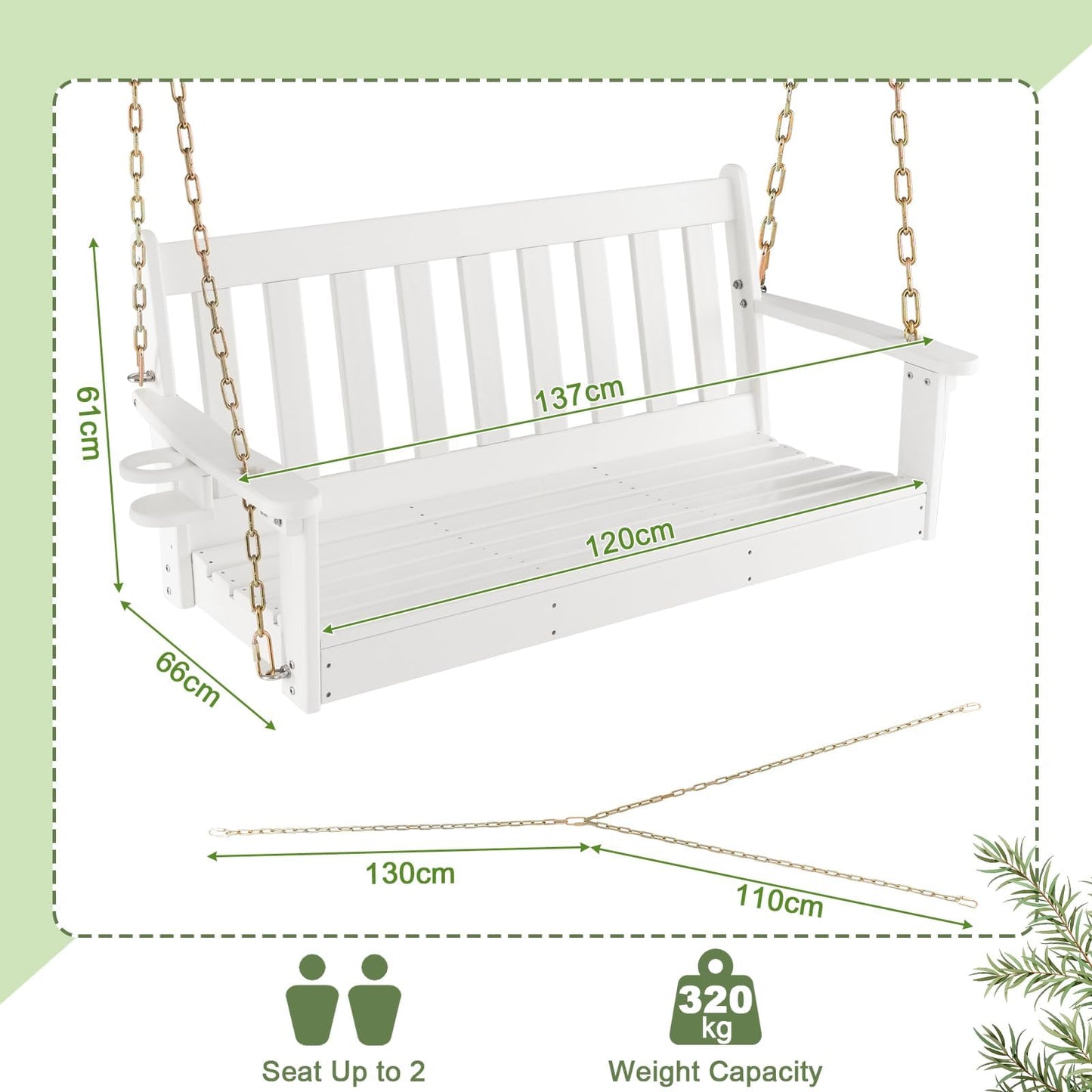 HDPE Porch Swing with Hidden Cup Holder and Adjustable Secure Chains