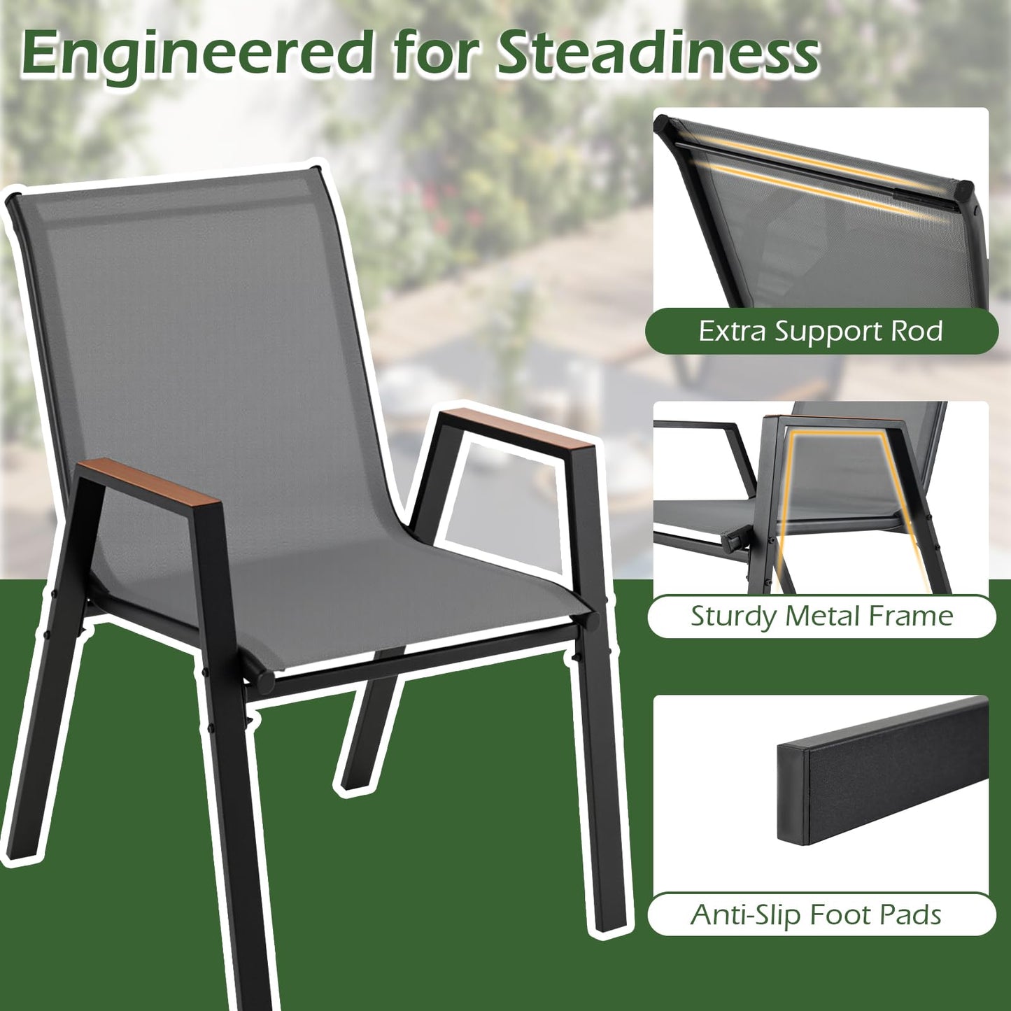 Garden Chairs Set of 2/4, Stackable Outdoor Dining Chairs with Armrests
