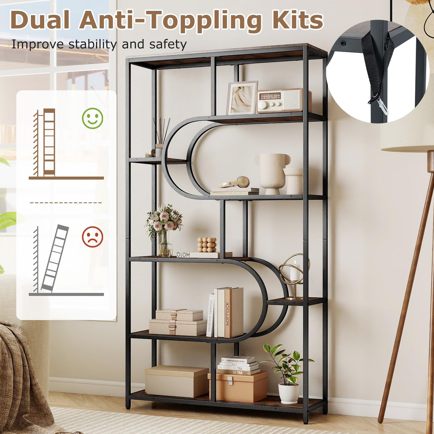 Industrial Etagere Bookcase with Open Storage Shelves and Metal Frame